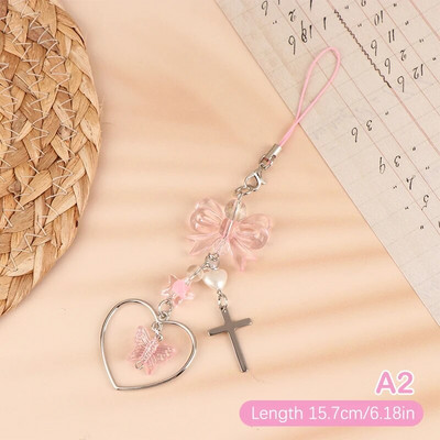 Mielos mielos rožinės spalvos „Bowknot Heart Phones“ grandinėlės mergaitei „Flower Star“ telefono dirželis Y2k mobiliojo telefono dirželis, raktų pakabukas