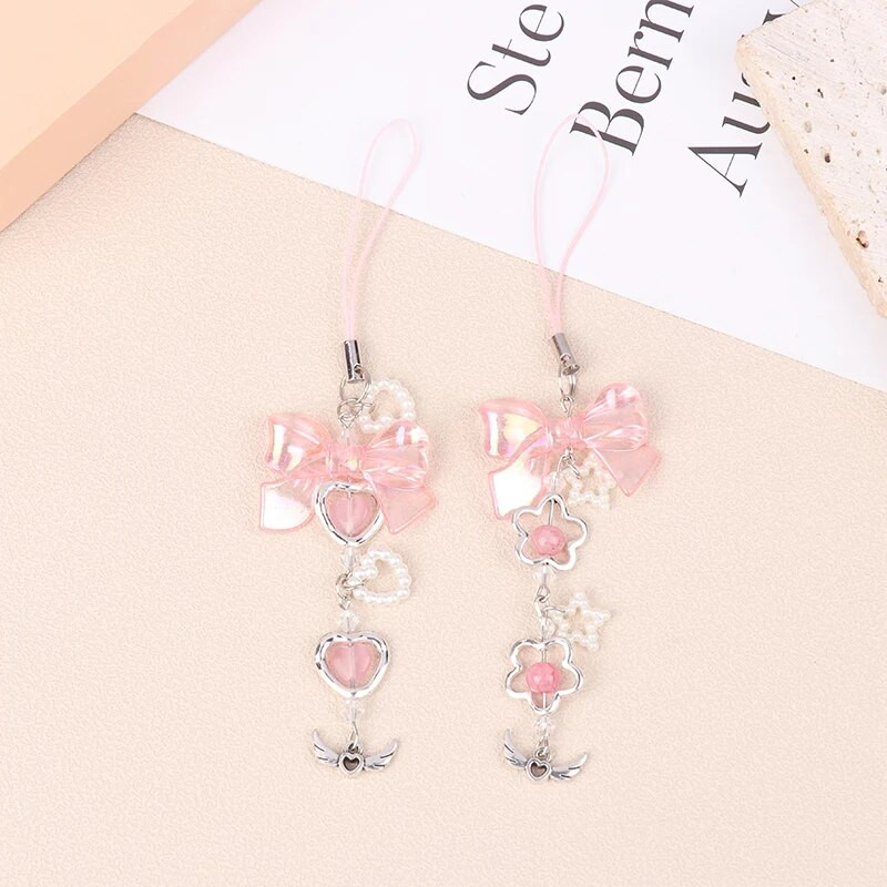 Mielos mielos rožinės spalvos „Bowknot Heart Phones“ grandinėlės mergaitei „Flower Star“ telefono dirželis Y2k mobiliojo telefono dirželis, raktų pakabukas