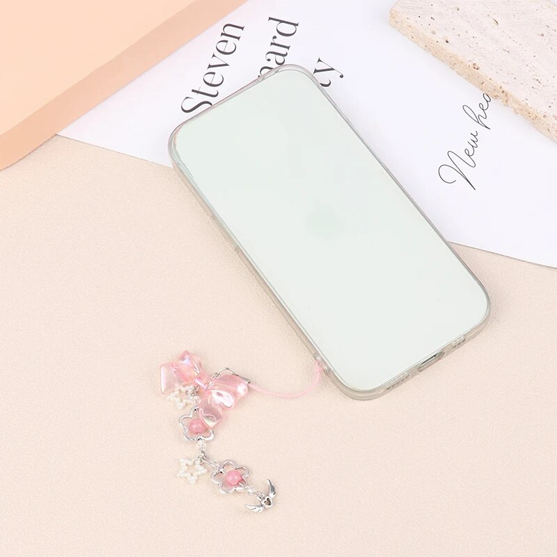 Mielos mielos rožinės spalvos „Bowknot Heart Phones“ grandinėlės mergaitei „Flower Star“ telefono dirželis Y2k mobiliojo telefono dirželis, raktų pakabukas