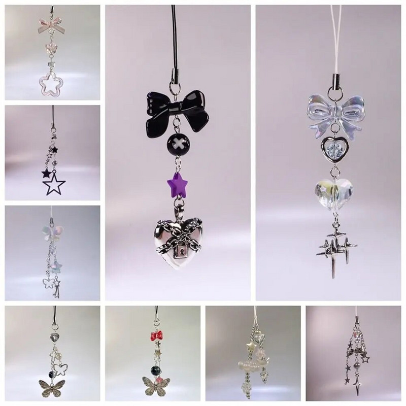 Rožinis Kawaii Y2K Star telefono pakabukas mielas drugelio karoliukas, rankų darbo mielas mergaitės raktų pakabukas fotoaparatui