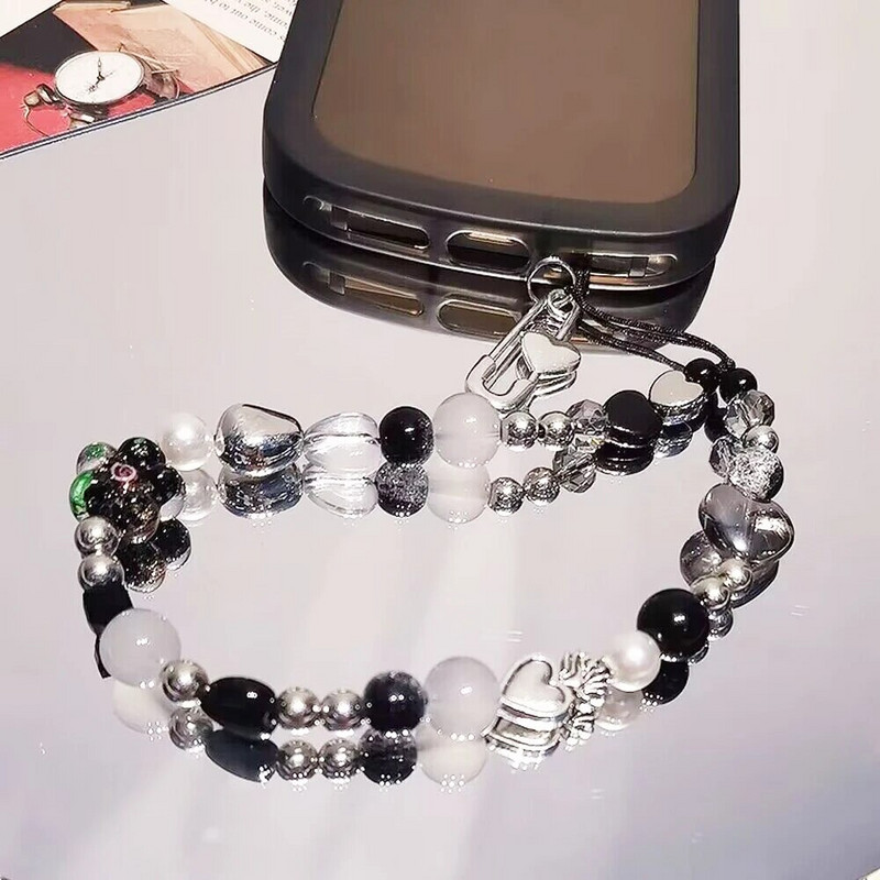 INS Y2K Love Heart Charm dirželis gėlių karoliukų pakabukas korėjietiška apyrankė skirta iPhone Samsung priedai pakabinama virvė mergaičių papuošalams