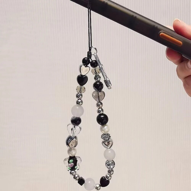 INS Y2K Love Heart Charm dirželis gėlių karoliukų pakabukas korėjietiška apyrankė skirta iPhone Samsung priedai pakabinama virvė mergaičių papuošalams