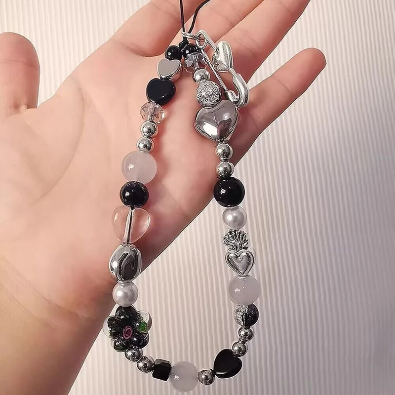 INS Y2K Love Heart Charm dirželis gėlių karoliukų pakabukas korėjietiška apyrankė skirta iPhone Samsung priedai pakabinama virvė mergaičių papuošalams