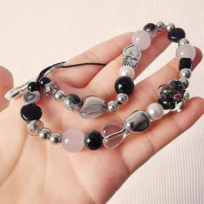 INS Y2K Love Heart Charm dirželis gėlių karoliukų pakabukas korėjietiška apyrankė skirta iPhone Samsung priedai pakabinama virvė mergaičių papuošalams