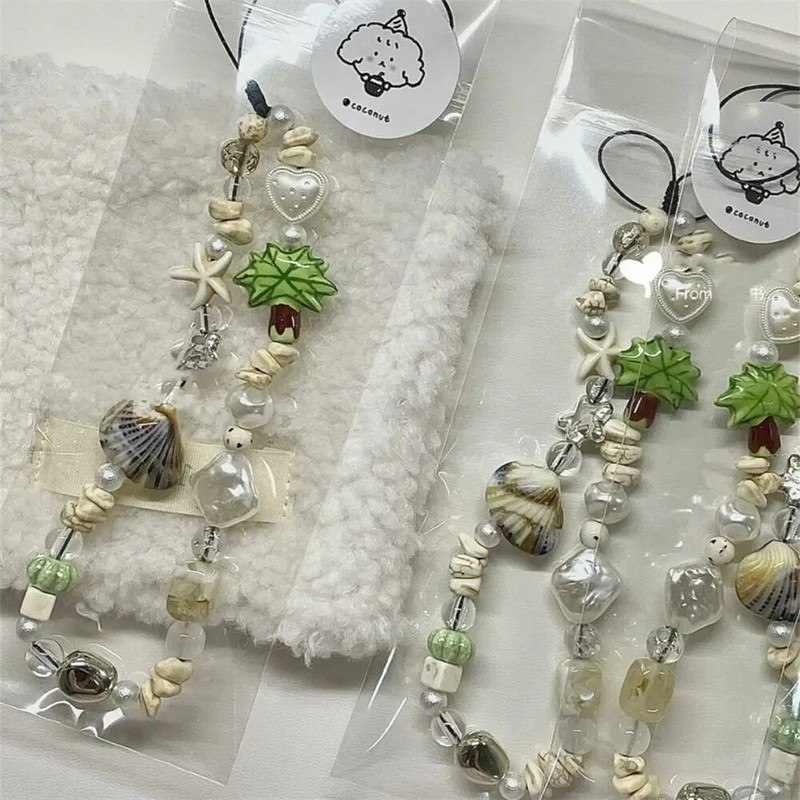 Kokosų medis Kokoso riešuto telefono grandinėlė iš akrilo karoliukais telefono apyrankė su karoliukais telefono apyrankė Paplūdimys Starfish Rankų darbo išmaniojo telefono dirželis