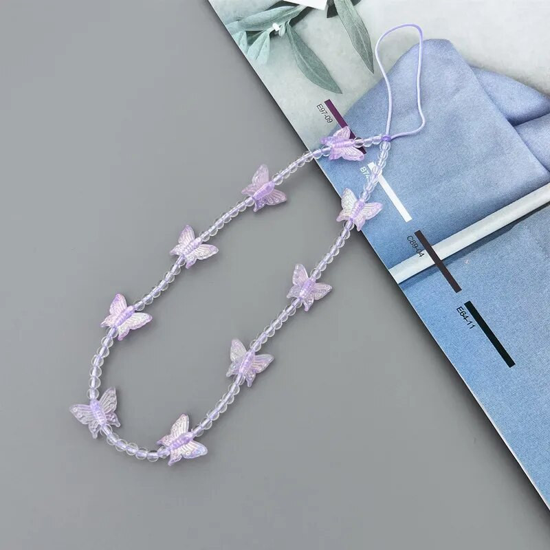 Spalvingas drugelio pakabukas karoliukais Mobiliojo telefono grandinėlė madinga mobiliojo telefono dėklas Kabantis virvė Moterų telefono telefono dirželiai papuošalai