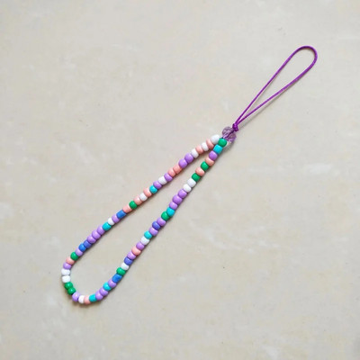 Karoliukais papuošta mobiliojo telefono grandinėlė Violetinė minkšta keramika Mobiliojo telefono pakabukas su karoliukais mobiliojo telefono dirželis