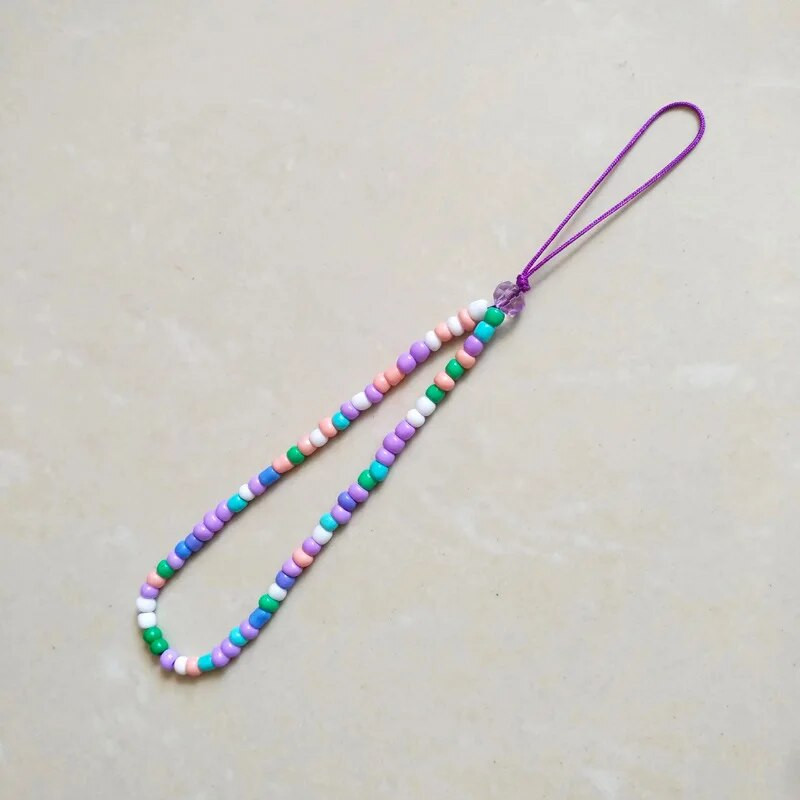 Karoliukais papuošta mobiliojo telefono grandinėlė Violetinė minkšta keramika Mobiliojo telefono pakabukas su karoliukais mobiliojo telefono dirželis