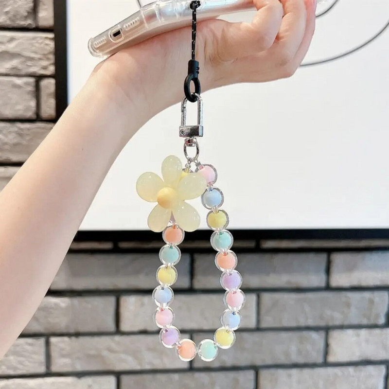 Πολύχρωμη ακρυλική χάντρα λουλουδιών Αλυσίδα κινητών τηλεφώνων Universal Anti-Last Phone Lanyard Κρεμαστή αλυσίδα Μπρελόκ Γυναικεία κοσμήματα για κορίτσια Δώρο