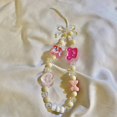 Korėjietiškas mielas žavingas meškiukas meilės širdelės lankelis telefono grandinėlės, skirtos iPhone moterims, mergaičių papuošalų dirželis su karoliukais, pakabinama virvele