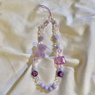 Korėjietiškas mielas žavingas meškiukas meilės širdelės lankelis telefono grandinėlės, skirtos iPhone moterims, mergaičių papuošalų dirželis su karoliukais, pakabinama virvele