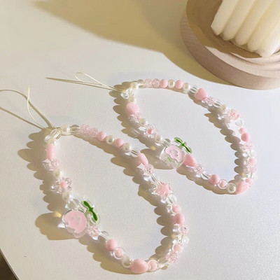 Korėjietiškas mielas žavingas meškiukas meilės širdelės lankelis telefono grandinėlės, skirtos iPhone moterims, mergaičių papuošalų dirželis su karoliukais, pakabinama virvele