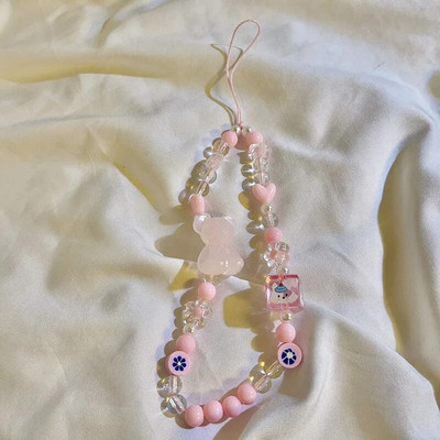 Korėjietiškas mielas žavingas meškiukas meilės širdelės lankelis telefono grandinėlės, skirtos iPhone moterims, mergaičių papuošalų dirželis su karoliukais, pakabinama virvele