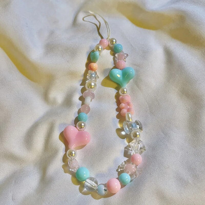 Korėjietiškas mielas žavingas meškiukas meilės širdelės lankelis telefono grandinėlės, skirtos iPhone moterims, mergaičių papuošalų dirželis su karoliukais, pakabinama virvele