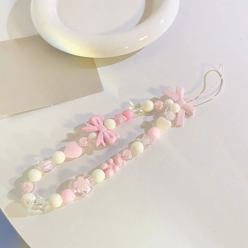 Korėjietiškas mielas žavingas meškiukas meilės širdelės lankelis telefono grandinėlės, skirtos iPhone moterims, mergaičių papuošalų dirželis su karoliukais, pakabinama virvele