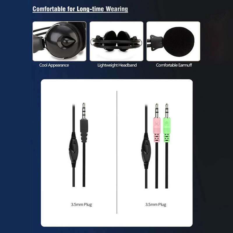 3,5 mm laidinės HD garso ausinės per ausis Ausinės žemos dažnio garso HiFi muzikos stereo mikrofonas ausinės Reguliuojamos ausinės, skirtos kompiuteriui MP3 telefonui