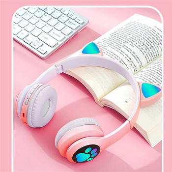 Безжични слушалки Bluetooth 5.0 Сладко котешко ухо RGB светлина лента за глава Шлем Слушалки Момичета Детски слушалки с микрофон за телефон PC