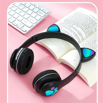 Безжични слушалки Bluetooth 5.0 Сладко котешко ухо RGB светлина лента за глава Шлем Слушалки Момичета Детски слушалки с микрофон за телефон PC