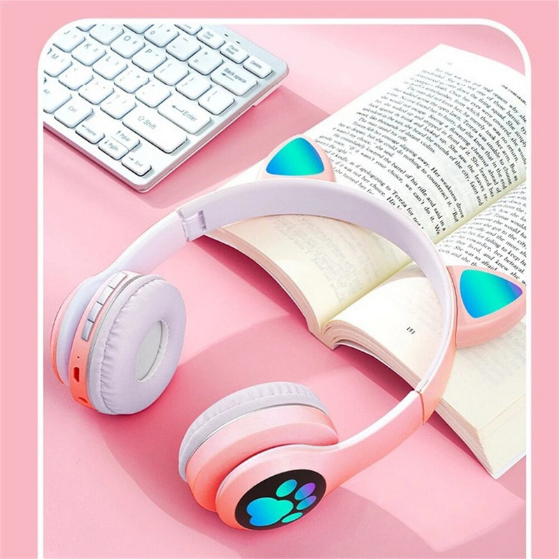 Bežične slušalice Bluetooth 5.0 Cute Cat Ear RGB Light Traka za glavu Kaciga Headset Slušalice za djevojčice Dječje slušalice s mikrofonom za telefon PC