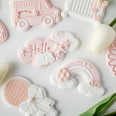 Розов фондан за рожден ден Форма за бисквитки Baby Shower Party Бисквитки Релефна форма за бисквити Десерт Печата Консумативи за печене Кухненски инструменти