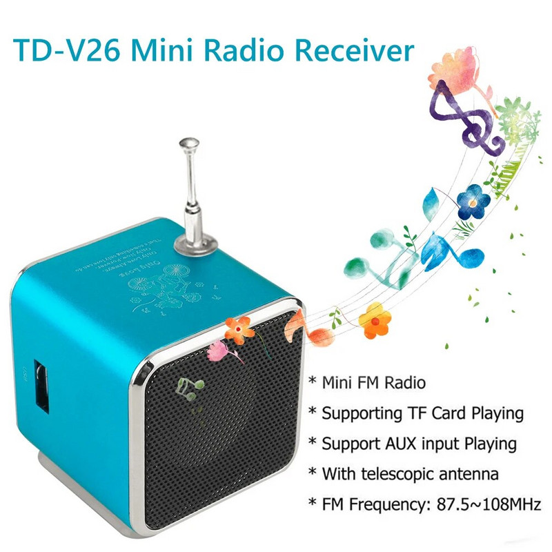TD-V26 Mini skaitmeninis FM radijo garsiakalbis Nešiojamas FM radijo imtuvas su LED ekranu Smart Playback Micro SD/TF kortelė Dviejų kanalų