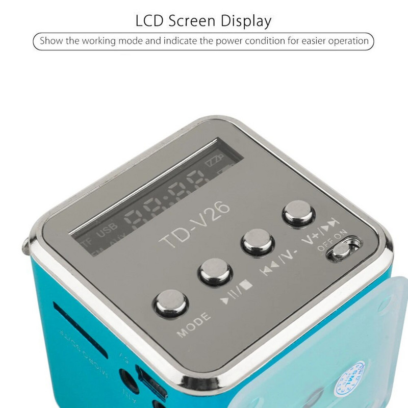 TD-V26 Mini skaitmeninis FM radijo garsiakalbis Nešiojamas FM radijo imtuvas su LED ekranu Smart Playback Micro SD/TF kortelė Dviejų kanalų