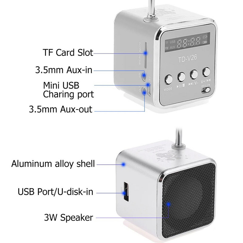 TD-V26 Mini skaitmeninis FM radijo garsiakalbis Nešiojamas FM radijo imtuvas su LED ekranu Smart Playback Micro SD/TF kortelė Dviejų kanalų