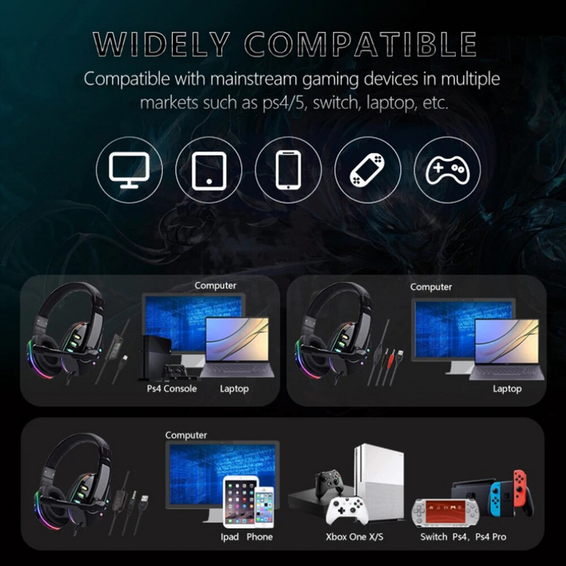 Stereo žaidimų ausinės, skirtos Xbox PS5 PS4 PC 3,5 mm laidinės žaidimų ausinės su mikrofonu, garsumo valdymo žaidimų ausinės