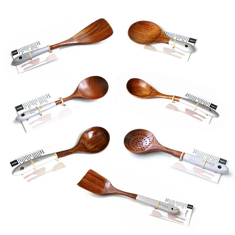 Teak din Thailanda Vesele de masă din lemn natural Linguriță Turner Orez Scurătoare lungă Supă Skimmer Linguri de gătit Scoop Set de unelte de bucătărie