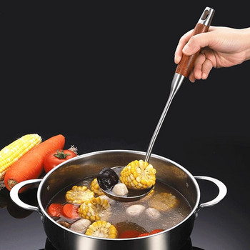 Σούπα με σπάτουλα από Ξύλινη λαβή από ανοξείδωτο χάλυβα Φτυάρι Μαγειρικής Τηγανίσματος Ενσωματωμένα σκεύη κουζίνας με τρυπητό κατά του ζεματίσματος