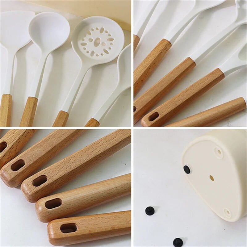 Mittenakkuv silikoonist köögiriistade komplekt Kööginõud Puidust käepidemega spaatliga lusikakeeraja supikulp vispliga kööginõud köögiriistad