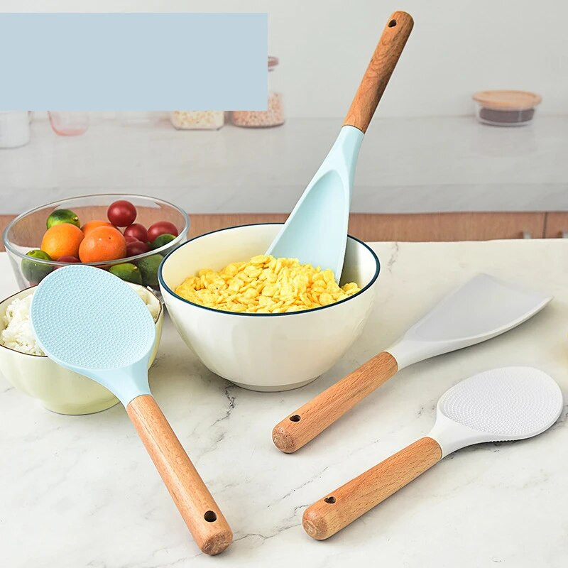 Silikoonist riisikühvliga lusikas pika puidust käepidemega kööginõud Kodumajapidamises kasutatavad mittenakkuvad suured küpsetuslabidaga köögiriistad