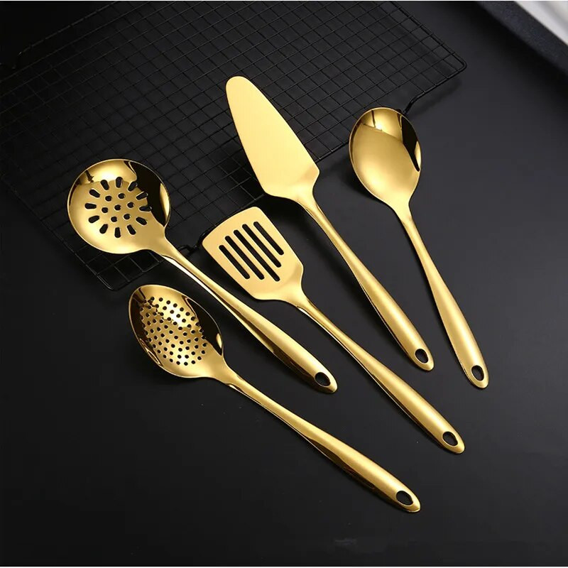 Kuldne roostevabast terasest köögiriistade komplektid Praelabidas Supilusikas Pika varrega vidin Köögitarvikud