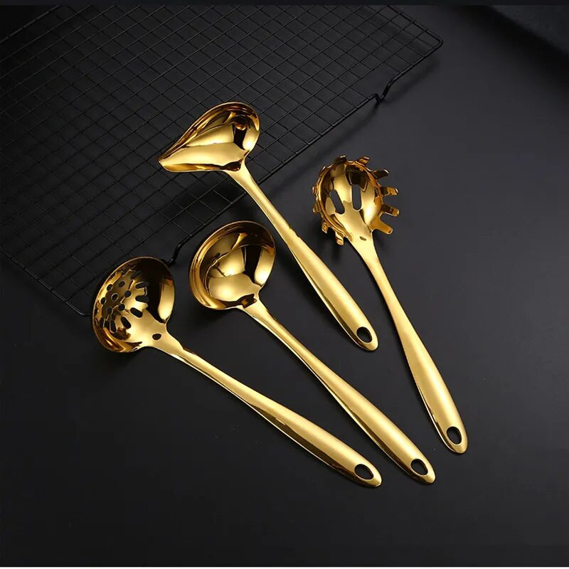 Kuldne roostevabast terasest köögiriistade komplektid Praelabidas Supilusikas Pika varrega vidin Köögitarvikud