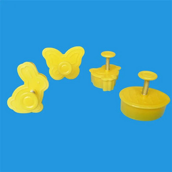 4Pcs Пластмасова форма за печене на великденски заек Кухненска форма за бисквити Бутало за сладкарски изделия 3D матрица Комплект за украса на торта с фондан