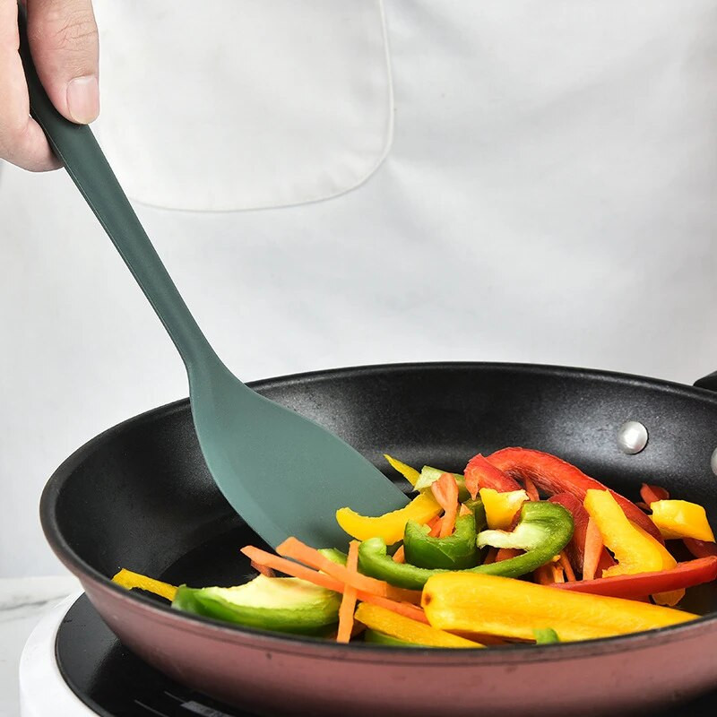 1 db zöld élelmiszer minőségű szilikon konyhai edények tapadásmentes spatula lapát leveses kanál szűrőedény praktikus főzőeszköz