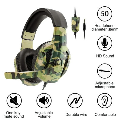 Nove 3,5 mm kamuflažne slušalice za igranje, profesionalne stereo slušalice za igrače, žičane slušalice za PS4 PS3 Xbox One PC telefon