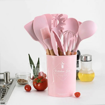 Ροζ Μαγειρικά σκεύη Εργαλείο σιλικόνης με Ξύλινη Πολυλειτουργική λαβή Αντικολλητική Σπάτουλα Κουτάλα Αυγοχτυπητές Νέο