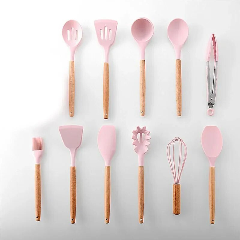 Rózsaszín konyhai edények szilikon edények fából készült többfunkciós nyéllel tapadásmentes spatula merőkanál Tojásverők Lapát Új