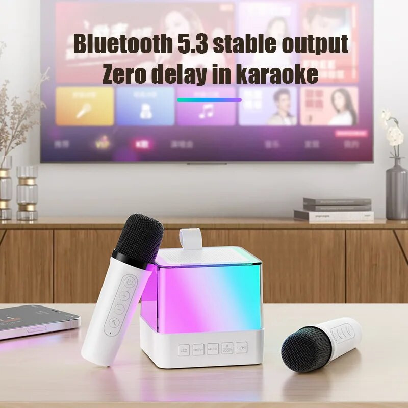 Vaikų mini belaidžiai „Bluetooth“ garsiakalbiai karaoke aparatas su mikrofonu RGB aplinkos apšvietimas, aukštos kokybės stereofoninis garsas, dainuojantis garsas