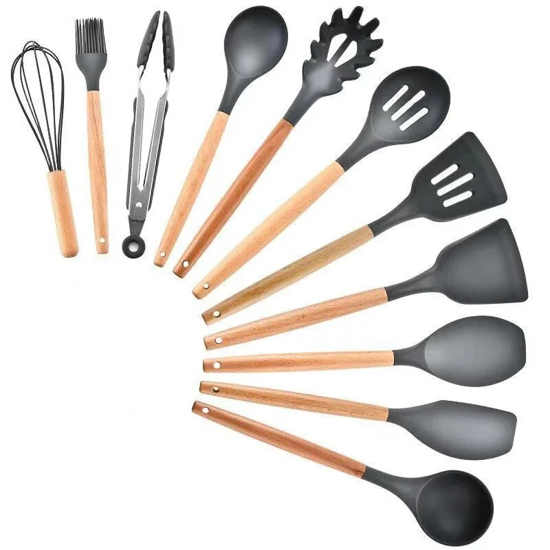 Silikoon Puidust käepide Keeraja Supilusikas Spaatel Pintsel Kaabits Pasta Muna kloppija Mittenakkuva pann Köök Toiduvalmistamistööriistad Kööginõud