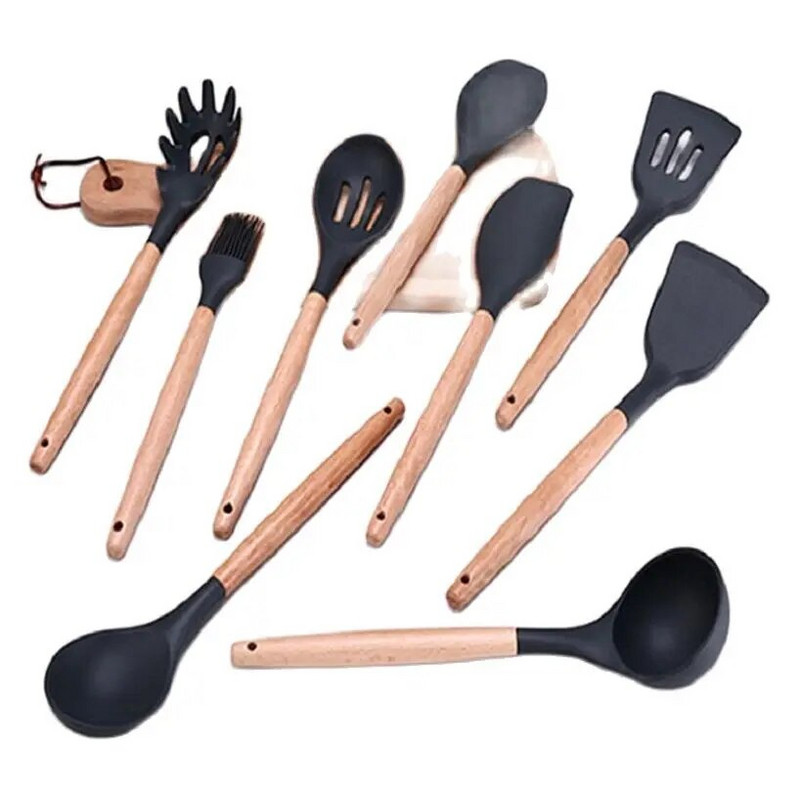 Szilikon konyhai főzőlapátos ásóforgató leveskanál fa nyelű sütőeszközök
