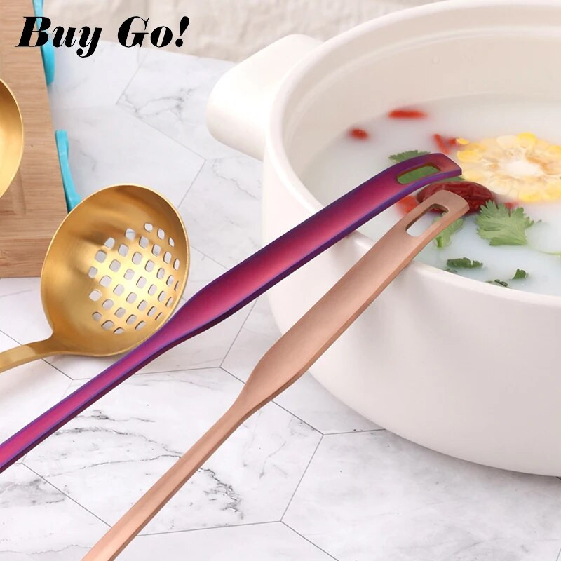 Új színű rozsdamentes acél főzőeszköz készlet Matt Rose Gold hosszú nyelű leveses merőkanál és szűrőkanál készlet falra akasztható konyhai eszközök