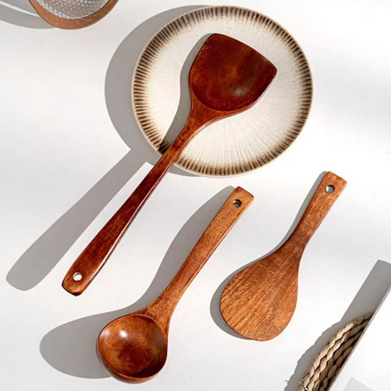 Természetes fából készült asztali edények kanál serpenyő kanál főzőedények sült lapát spatula konyhai főzőeszköz