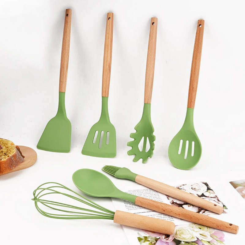 Avokado Zeleno Kuhinjsko posuđe Silikonsko posuđe Drvena višenamjenska ručka Neprianjajuća lopatica Žlica Mutilice za jaja Lopata Novo