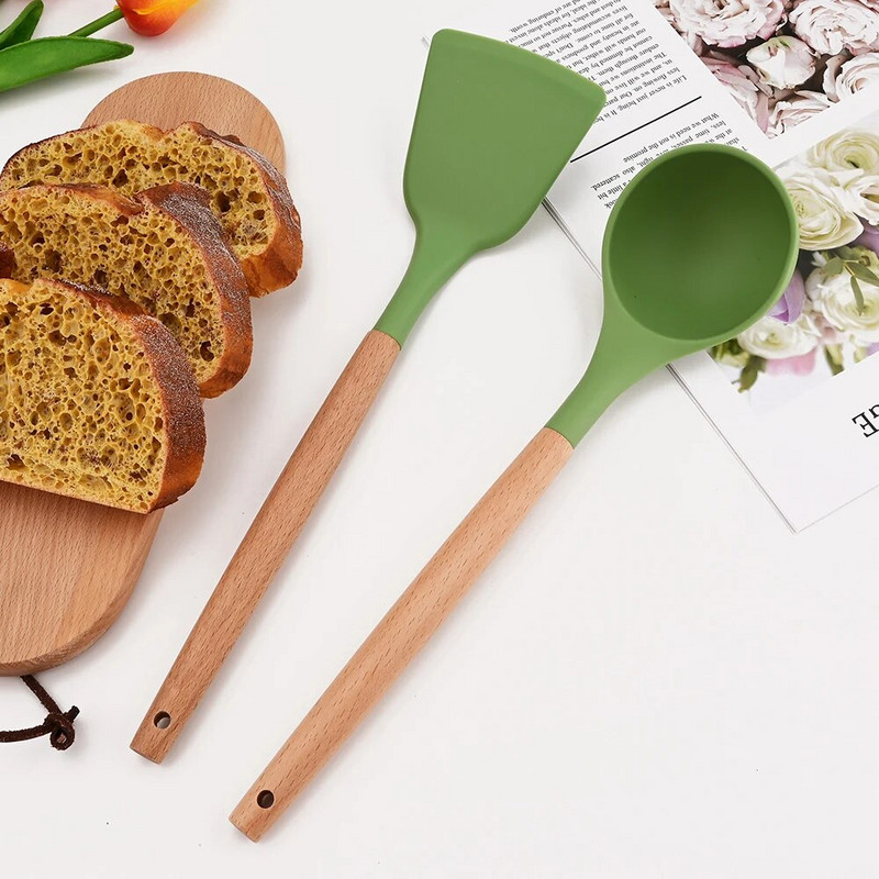 Avokado Zeleno Kuhinjsko posuđe Silikonsko posuđe Drvena višenamjenska ručka Neprianjajuća lopatica Žlica Mutilice za jaja Lopata Novo