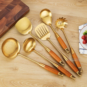 Съдове за готвене Konco Gold, комплект инструменти за кухненски прибори от неръждаема стомана, незалепваща шпатула, лъжица, гевгир, кухненски джаджи, съдове за готвене