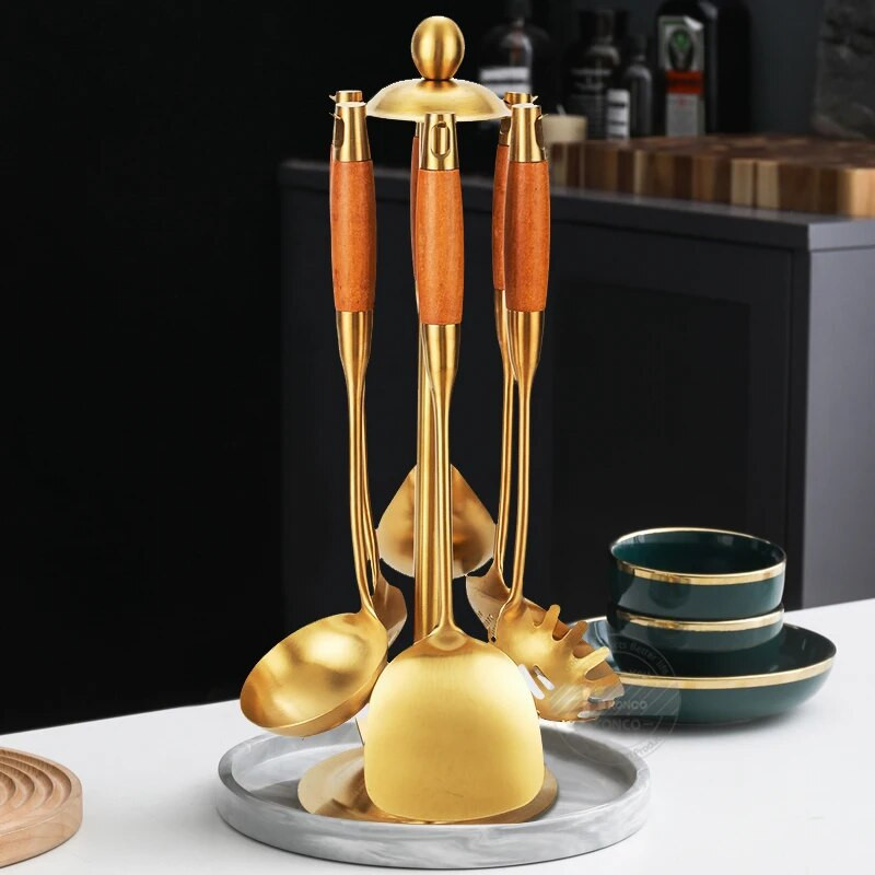 Konco arany főzőedények, rozsdamentes acél konyhai eszközök szerszámkészlet, tapadásmentes spatula kanál szűrőedény konyhai eszközök edények