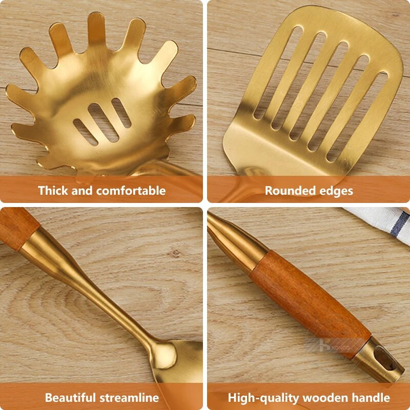 Konco arany főzőedények, rozsdamentes acél konyhai eszközök szerszámkészlet, tapadásmentes spatula kanál szűrőedény konyhai eszközök edények