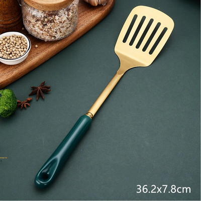 Zöld arany kerámia nyelű spatula leveskanál rozsdamentes acél otthoni főzőeszköz készlet szűrőedény Új kínai konyhai kiegészítők